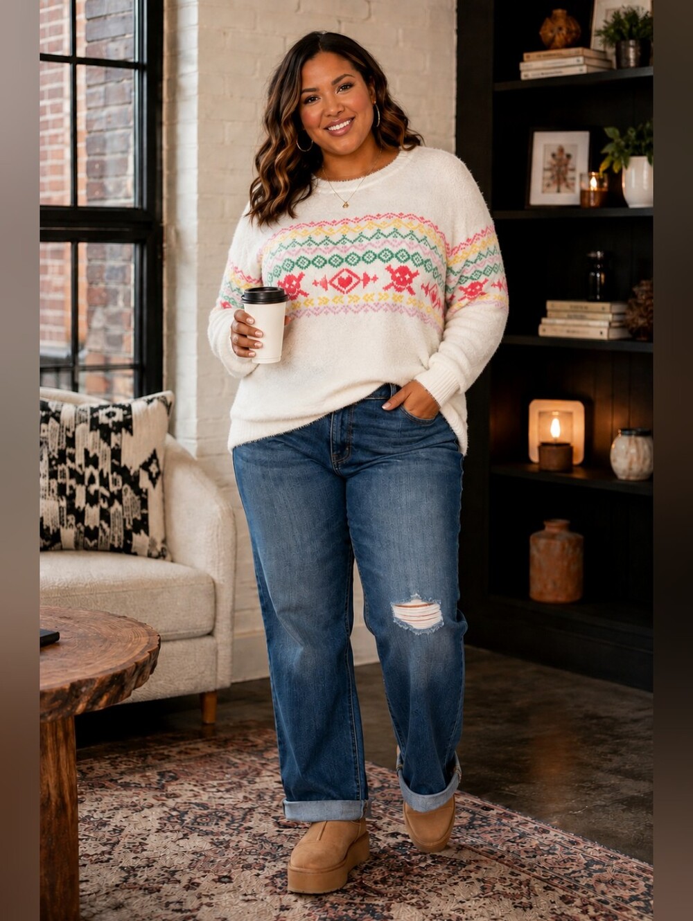 TORRID Fuzzy Yarn Fair Isle Skull Sweater Cream Plus Size Cozy Goth